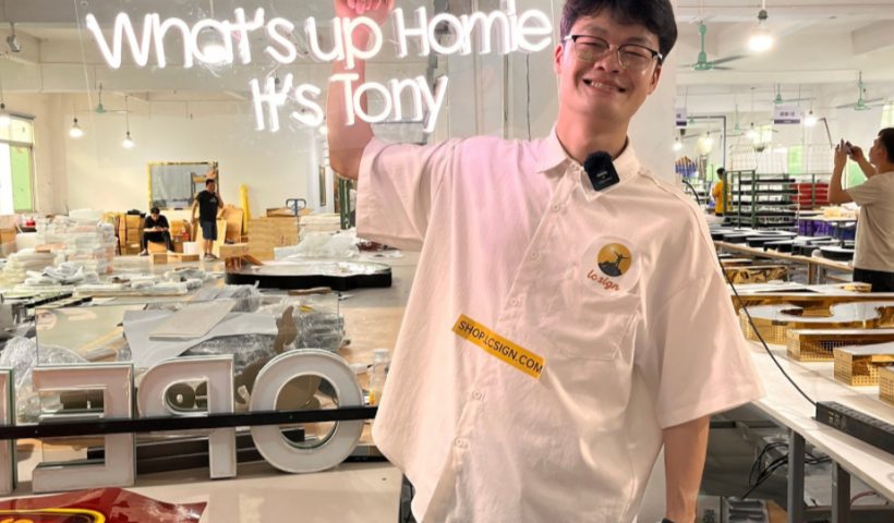 Tony from LC Sign showcasing LED signs with humor and accents