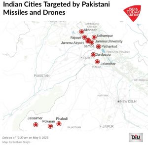 Map showing Indian cities targeted by Pakistani missile and drone attacks in May 2025.